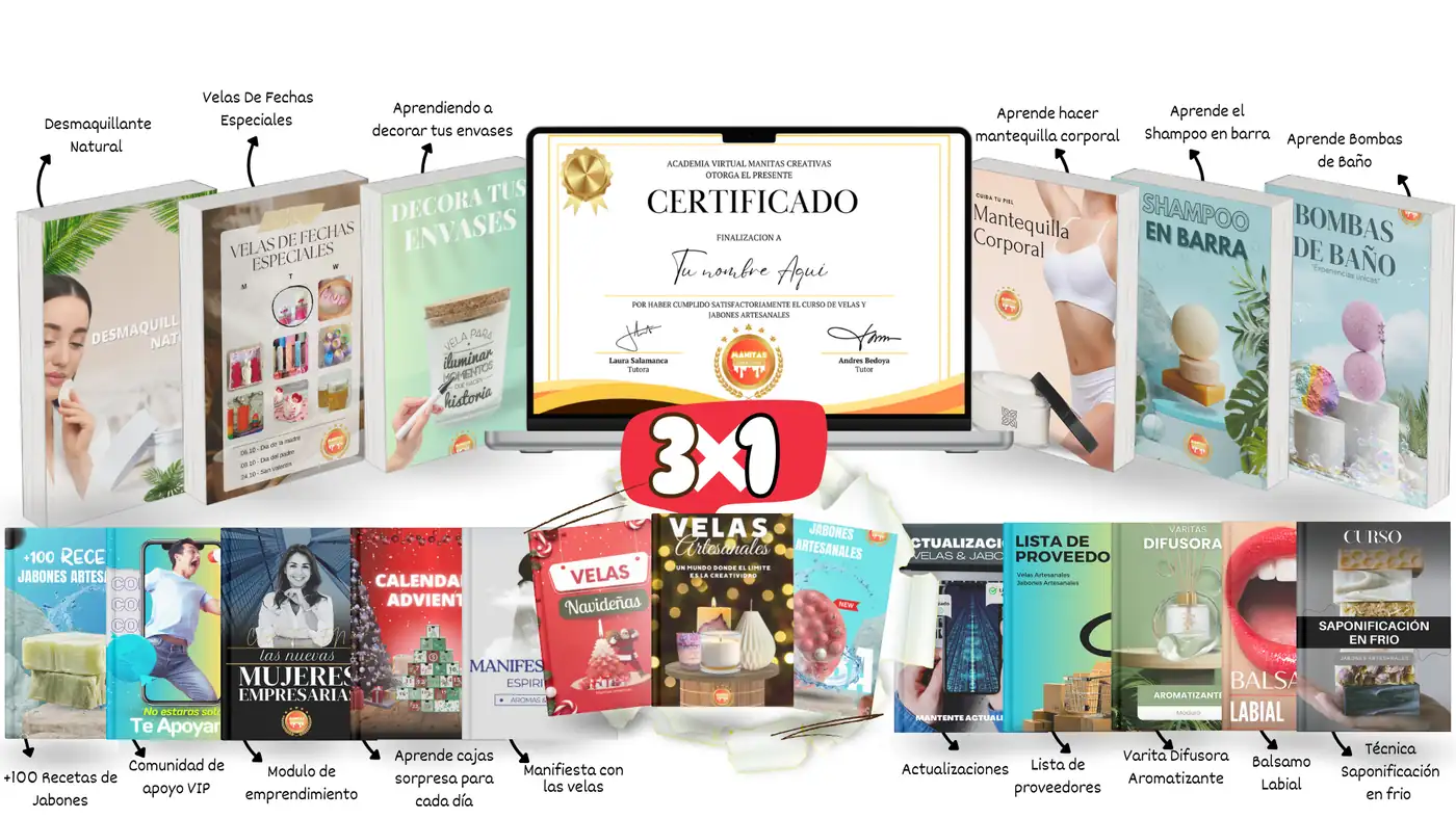 Todo lo que incluye el curso 3 en 1 de velas y jabones artesanales con sus bonus y certificado